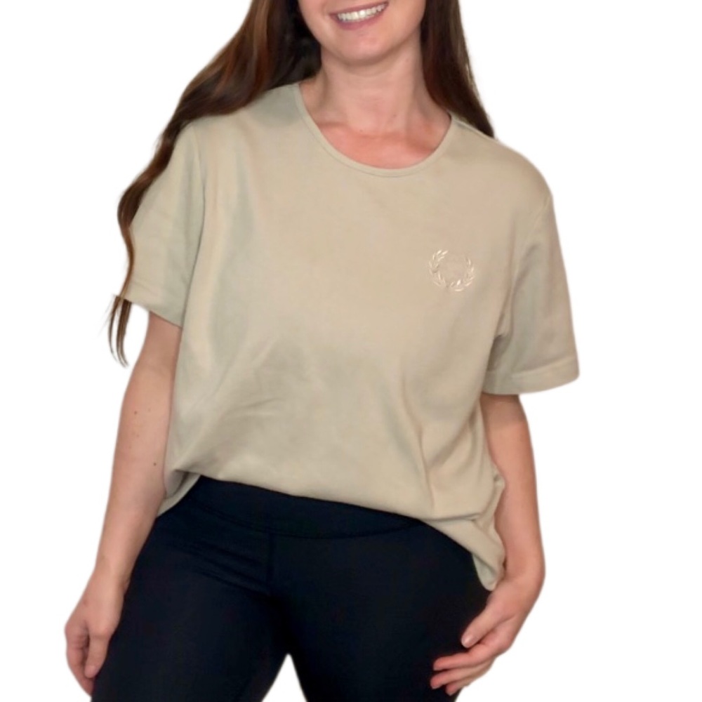 Oatmeal Beige Neutral Soft Stretchy Everyday Basic T-shirt Embroidered Detail XL